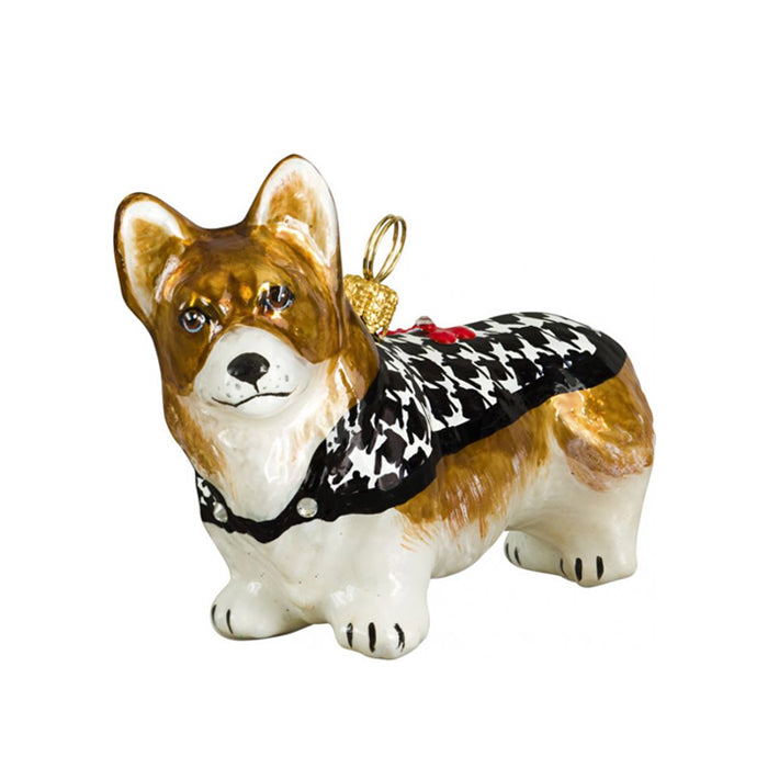 Pembroke Welsh Corgi Christmas Pet Ornament in Hounds Tooth Coat